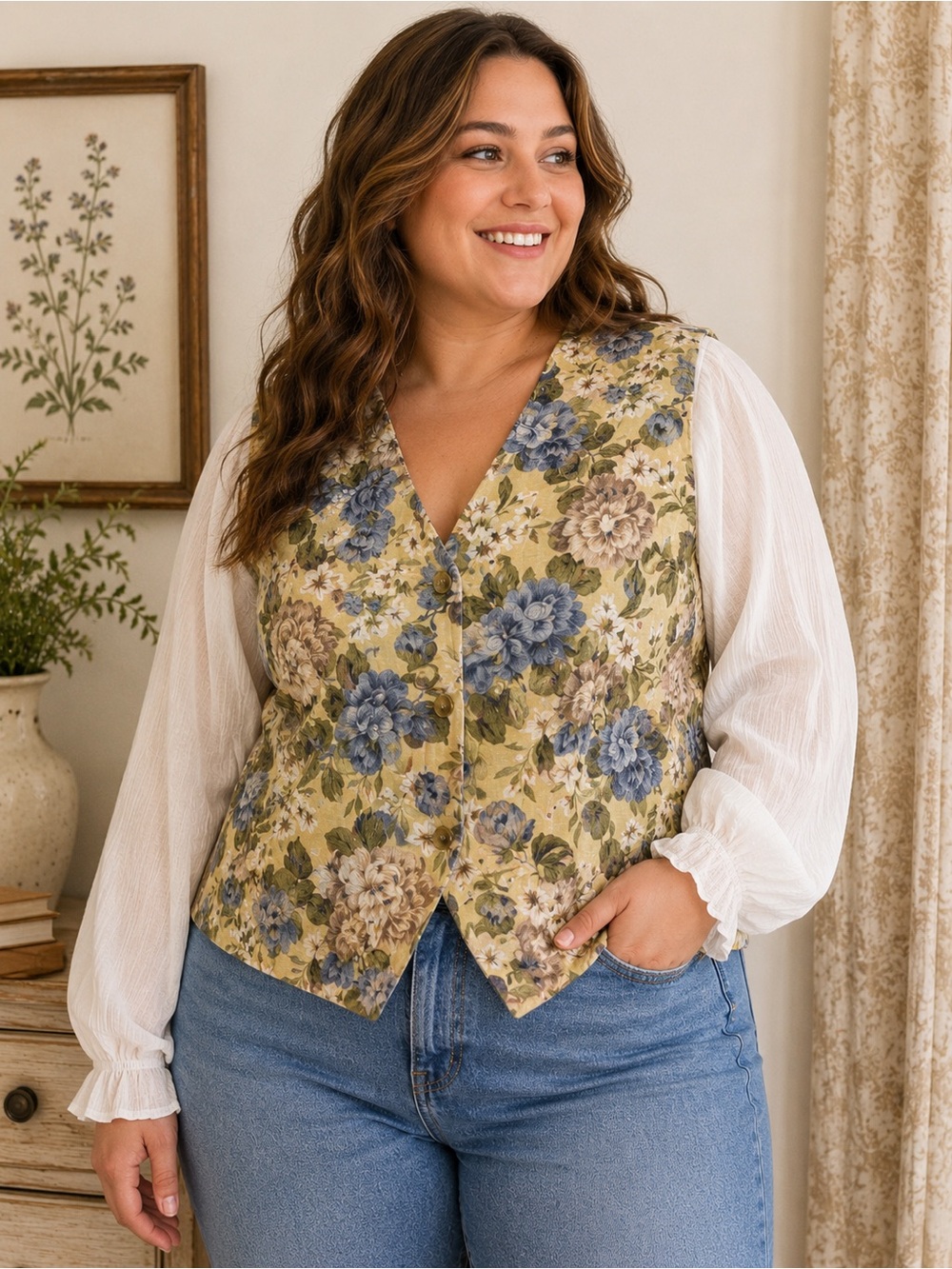Reversible Floral Stripe Vest Women’s XL Cottagecore Button Front Boho